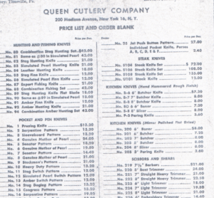 Queen Cutlery Historical Price Lists and information on knives
