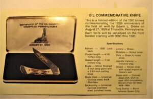 Heavy card included with the Drake Oil well commemorative 1984 knife 